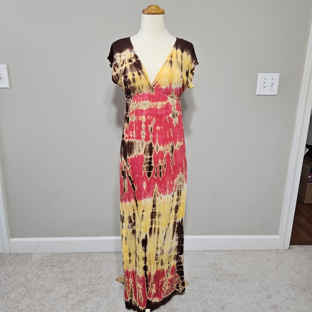 Style Biz Tie Dye V-Neck Maxi Dress Smocked Waist S
